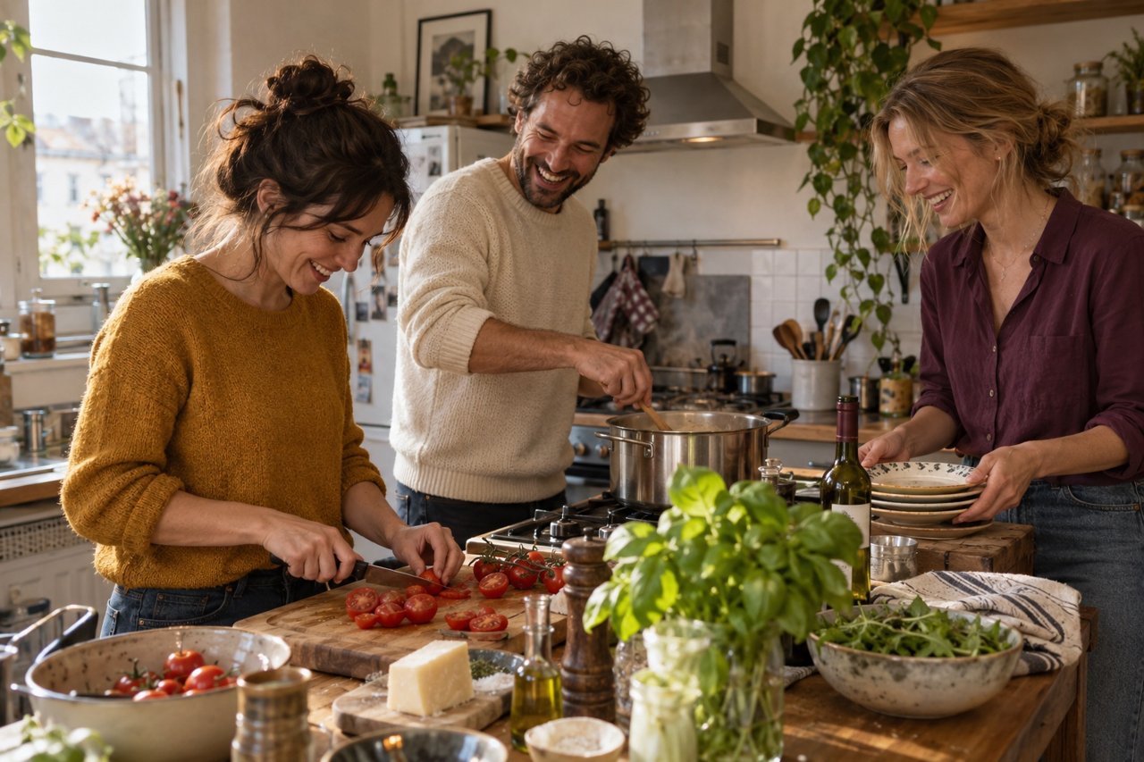Drei Freunde bereiten gemeinsam Pasta zu – KI-generierte Szene