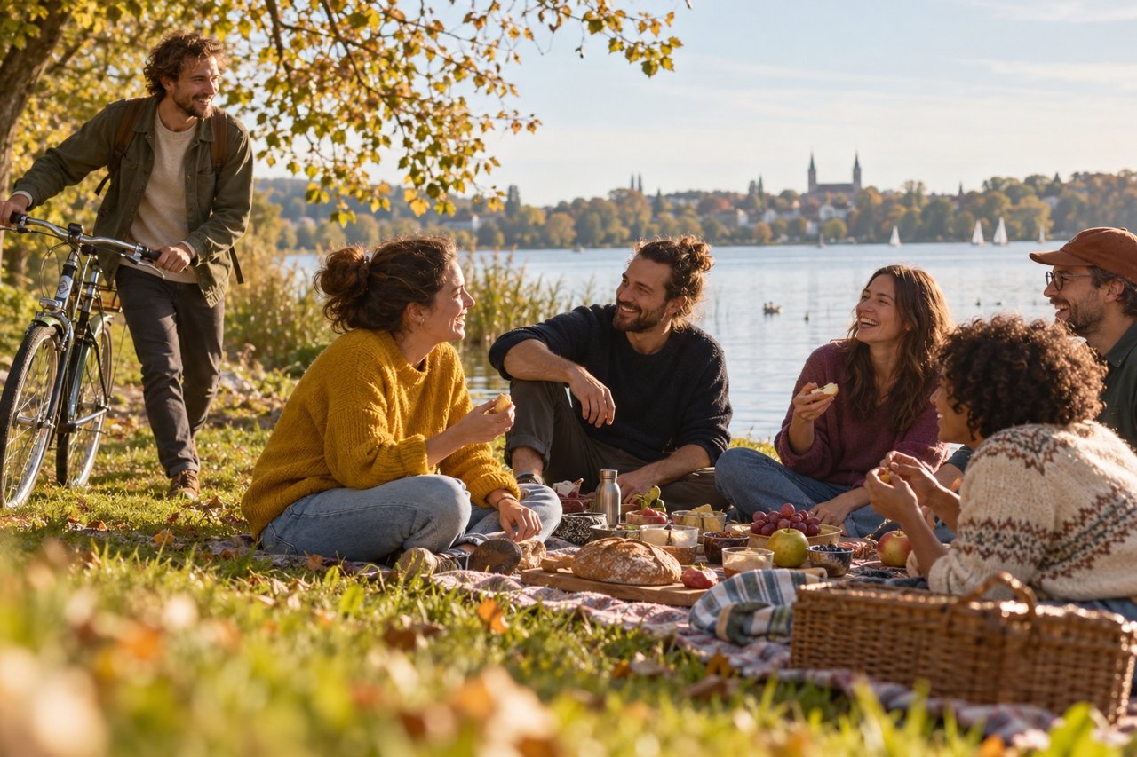 Freunde teilen ein Picknick am See – KI-generierte Szene